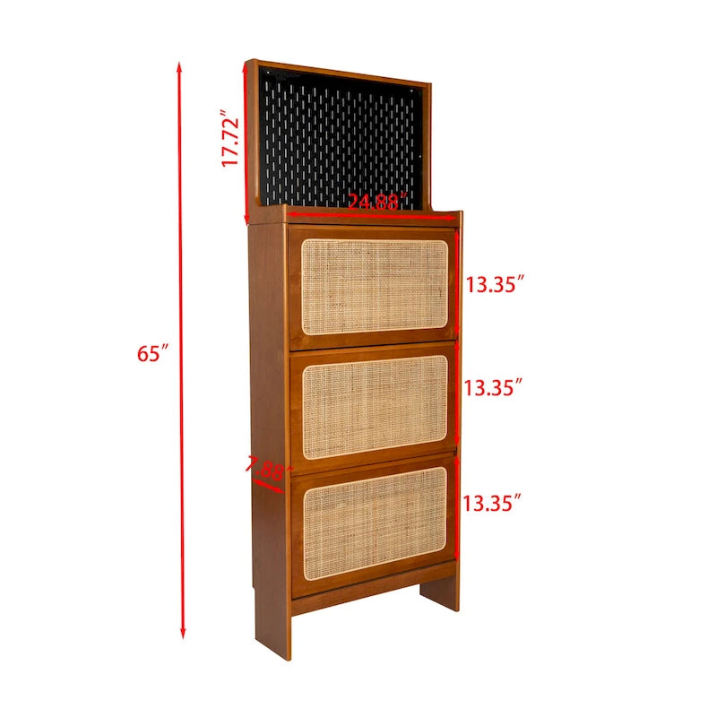 Meuble à Chaussures en Rotin pour Entrée, Étagère à Chaussures sur Pied avec 3 Tiroirs Basculants et Panneau Perforé Noir, Meuble à Chaussures Étroit et Caché