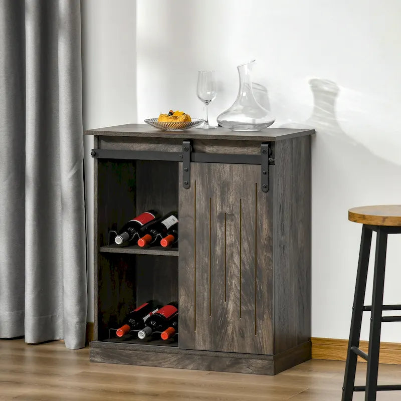 Buffet de rangement industriel, Meuble de bar de service avec porte coulissante et casier à vin 6 bouteilles