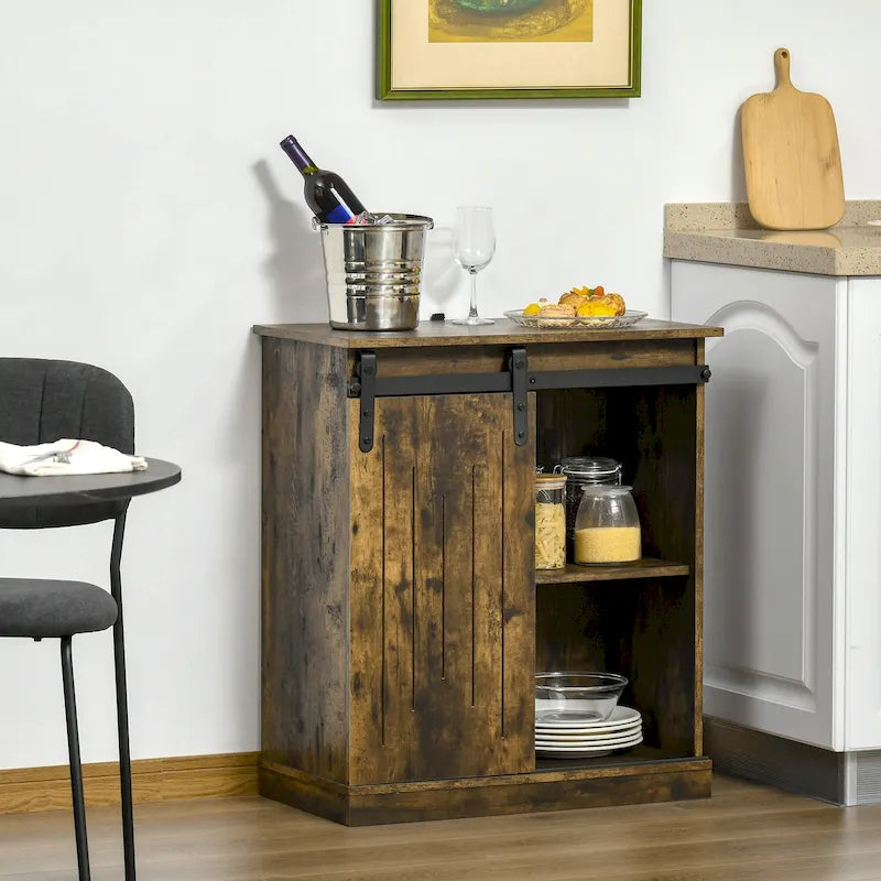 Buffet de rangement industriel, Meuble de bar de service avec porte coulissante et casier à vin 6 bouteilles