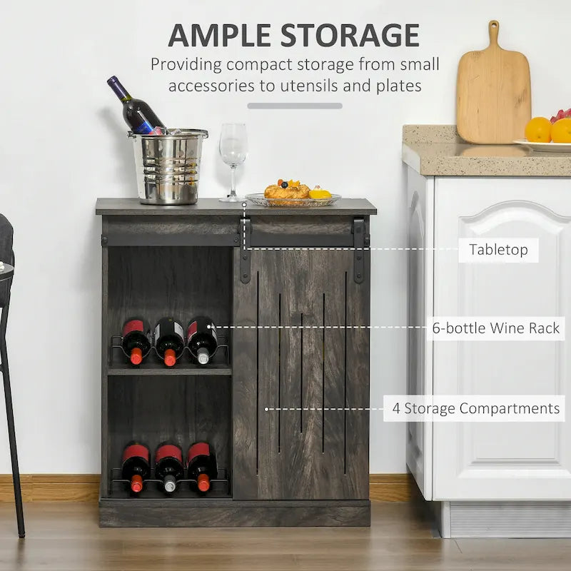 Buffet de rangement industriel, Meuble de bar de service avec porte coulissante et casier à vin 6 bouteilles