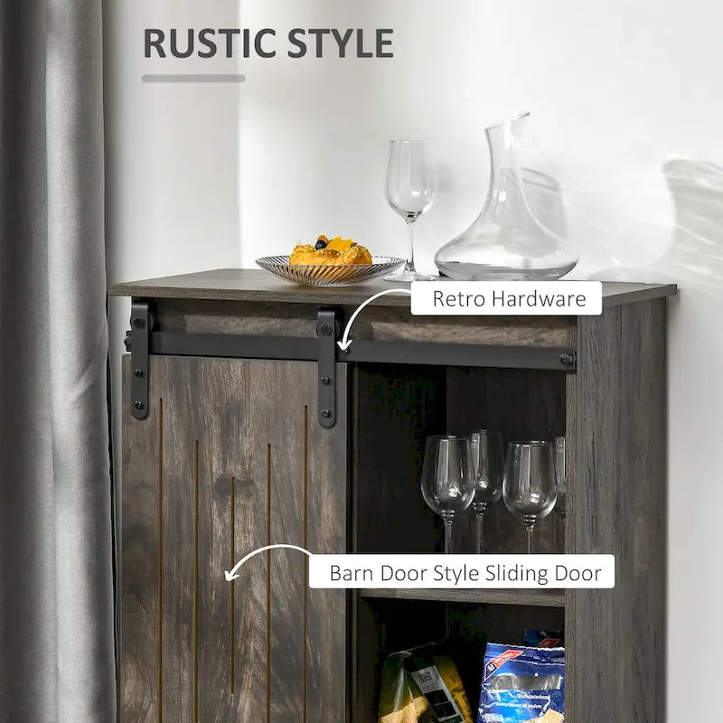 Buffet de rangement industriel, Meuble de bar de service avec porte coulissante et casier à vin 6 bouteilles