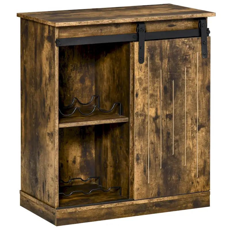 Buffet de rangement industriel, Meuble de bar de service avec porte coulissante et casier à vin 6 bouteilles