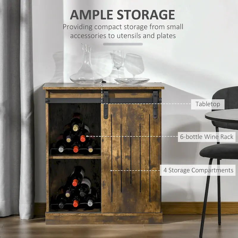 Buffet de rangement industriel, Meuble de bar de service avec porte coulissante et casier à vin 6 bouteilles