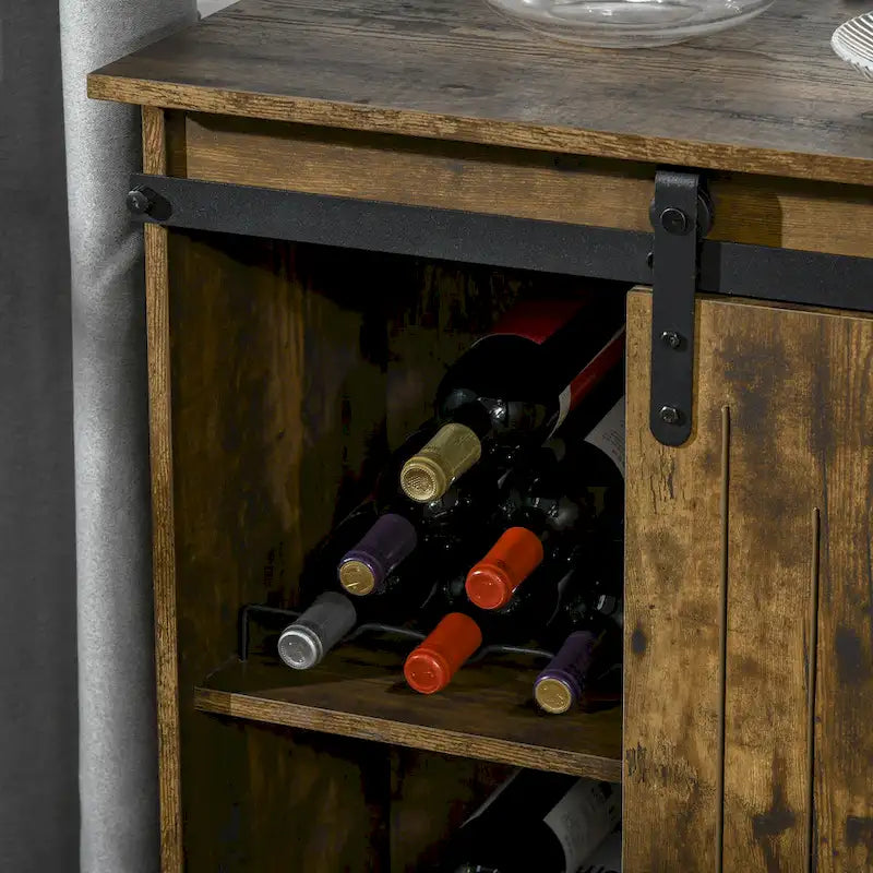 Buffet de rangement industriel, Meuble de bar de service avec porte coulissante et casier à vin 6 bouteilles