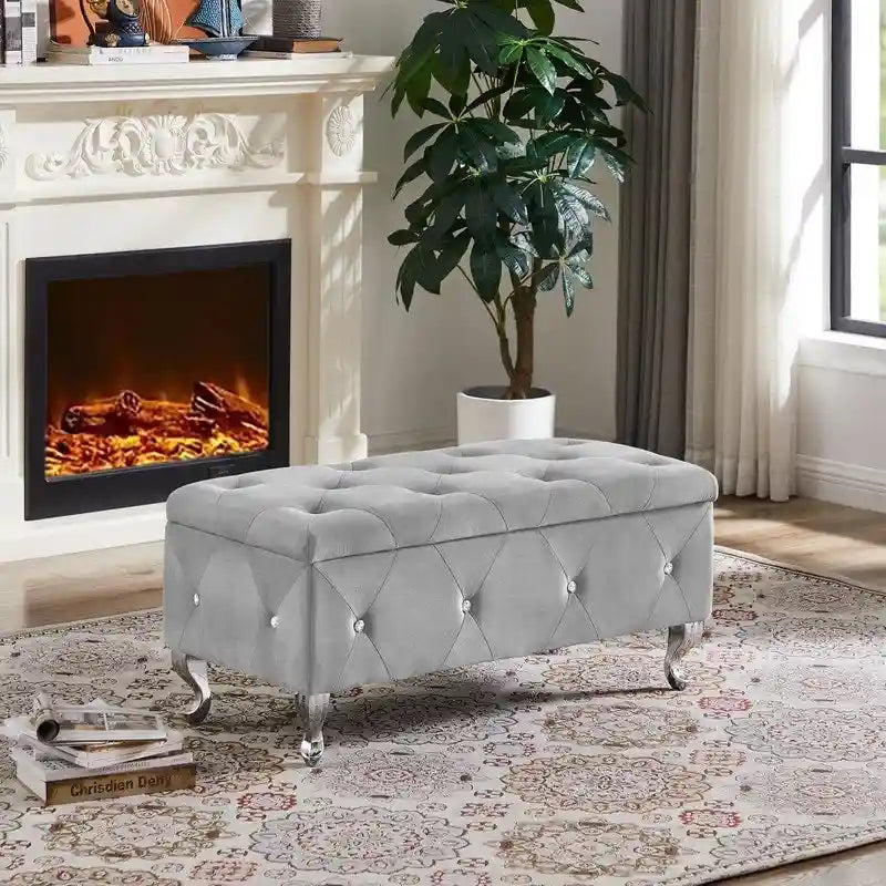 Banc de rangement, banc d'entrée à couvercle relevable avec charnière de sécurité, coffre de rangement avec siège rembourré