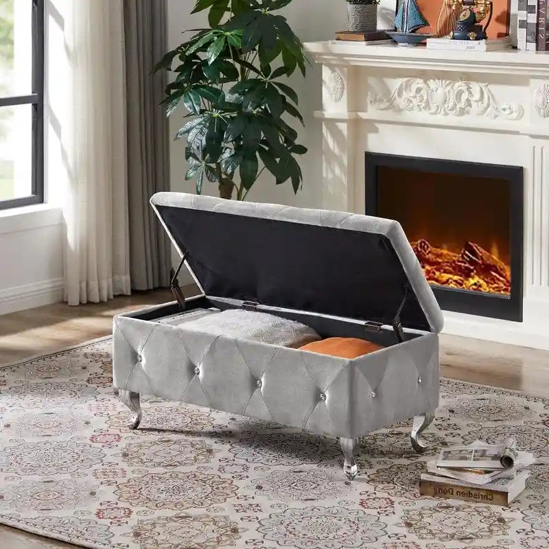 Banc de rangement, banc d'entrée à couvercle relevable avec charnière de sécurité, coffre de rangement avec siège rembourré
