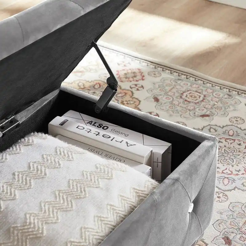 Banc de rangement, banc d'entrée à couvercle relevable avec charnière de sécurité, coffre de rangement avec siège rembourré