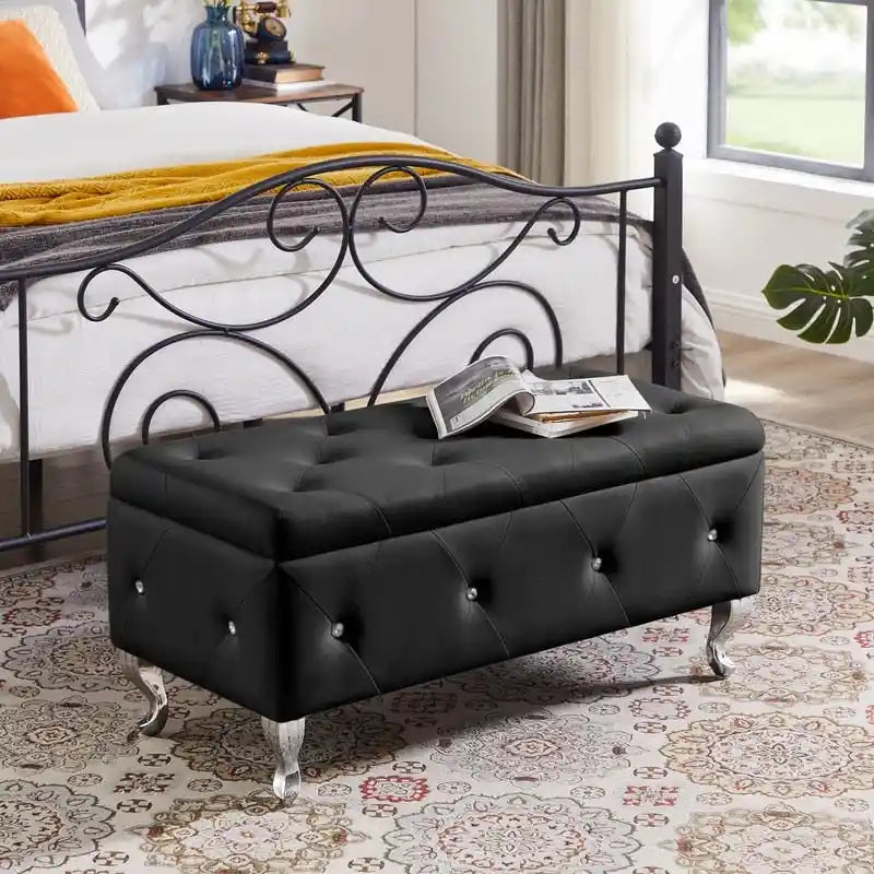 Banc de rangement, banc d'entrée à couvercle relevable avec charnière de sécurité, coffre de rangement avec siège rembourré