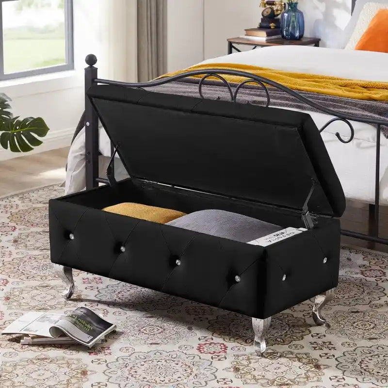 Banc de rangement, banc d'entrée à couvercle relevable avec charnière de sécurité, coffre de rangement avec siège rembourré