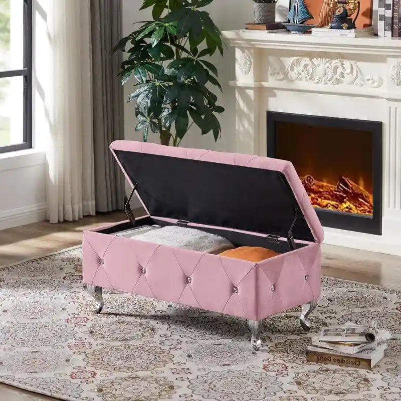 Banc de rangement, banc d'entrée à couvercle relevable avec charnière de sécurité, coffre de rangement avec siège rembourré