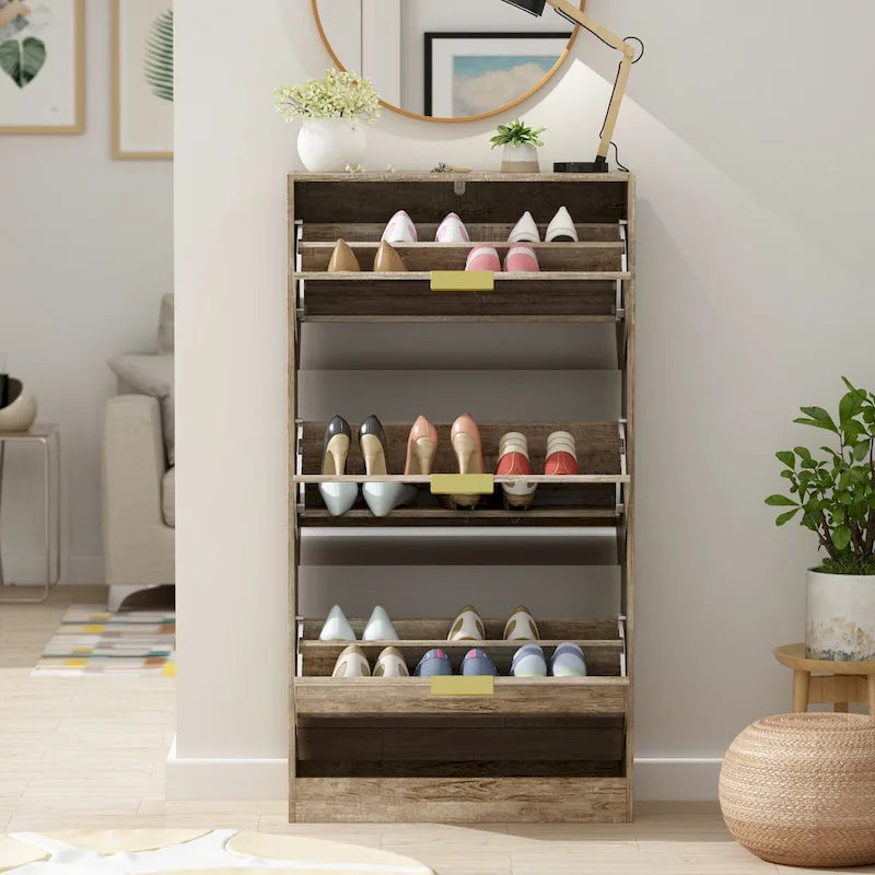 Meuble à chaussures avec 3 tiroirs basculants à miroir, autoportant, peu profond