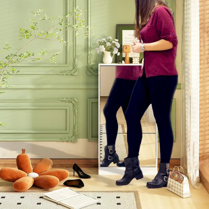 Meuble à chaussures avec 3 tiroirs basculants à miroir, autoportant, peu profond