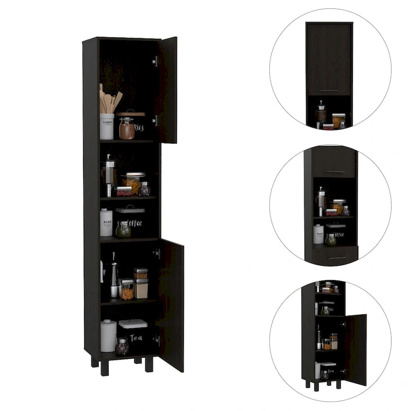 Garde-manger de cuisine avec 2 placards et 2 étagères ouvertes, poignées et charnières en aluminium