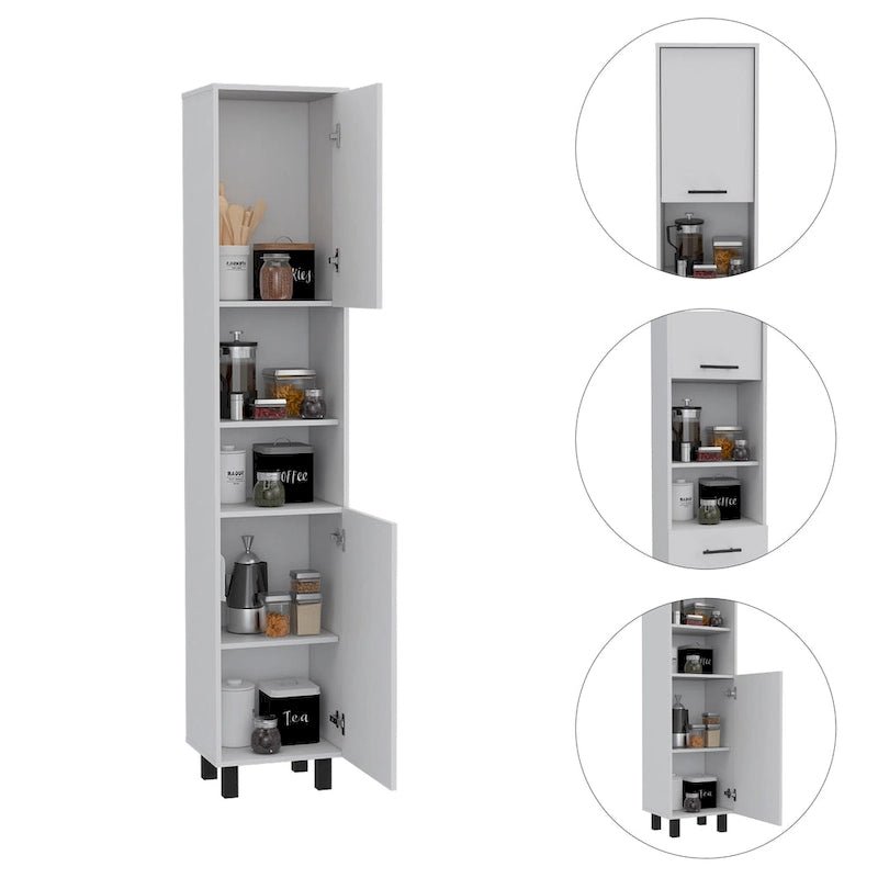 Garde-manger de cuisine avec 2 placards et 2 étagères ouvertes, poignées et charnières en aluminium