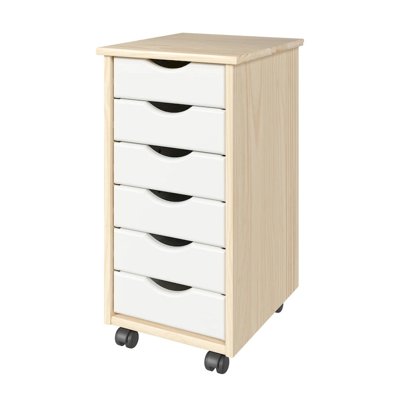 Chariot de rangement étroit en bois massif à 6 tiroirs, naturel et blanc