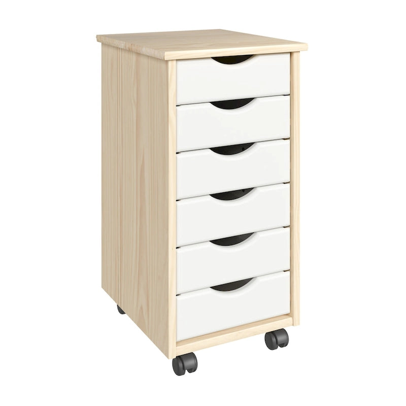 Chariot de rangement étroit en bois massif à 6 tiroirs, naturel et blanc