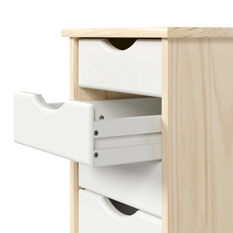 Chariot de rangement étroit en bois massif à 6 tiroirs, naturel et blanc