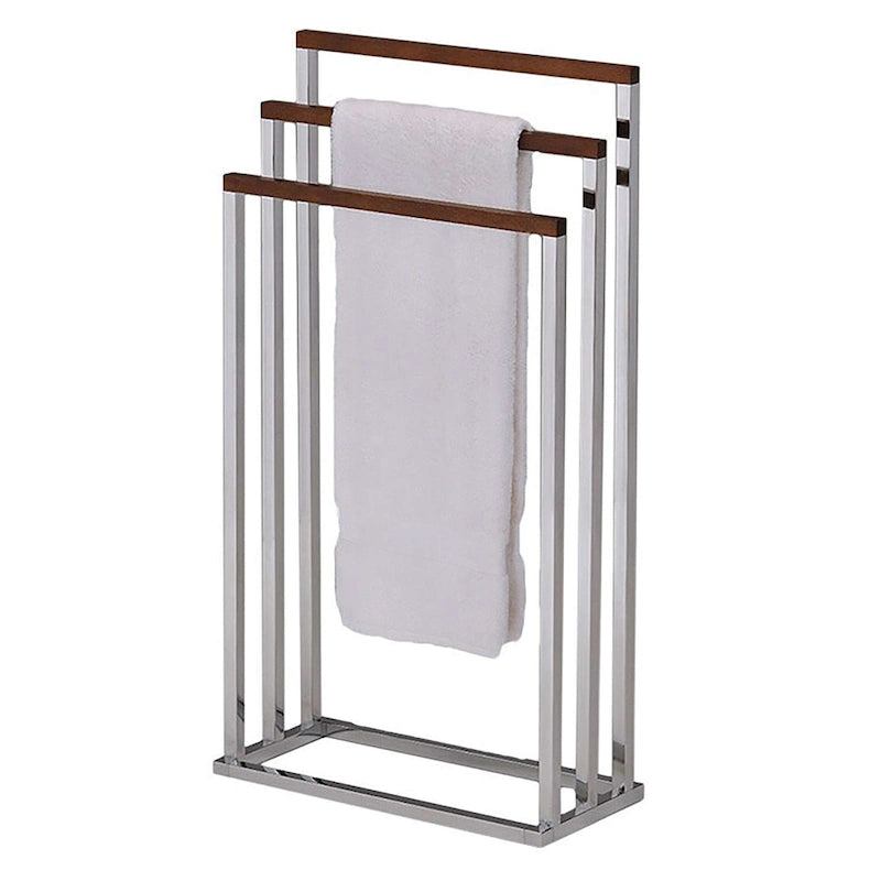 Porte-serviettes autoportant en métal chromé et bois de noyer
