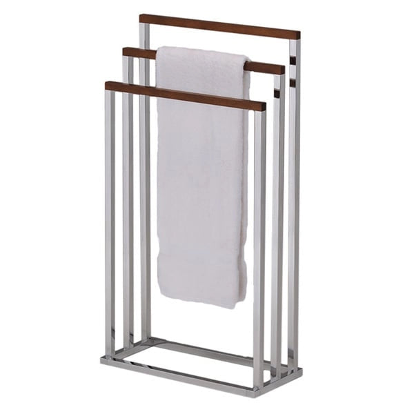 Porte-serviettes autoportant en métal chromé et bois de noyer