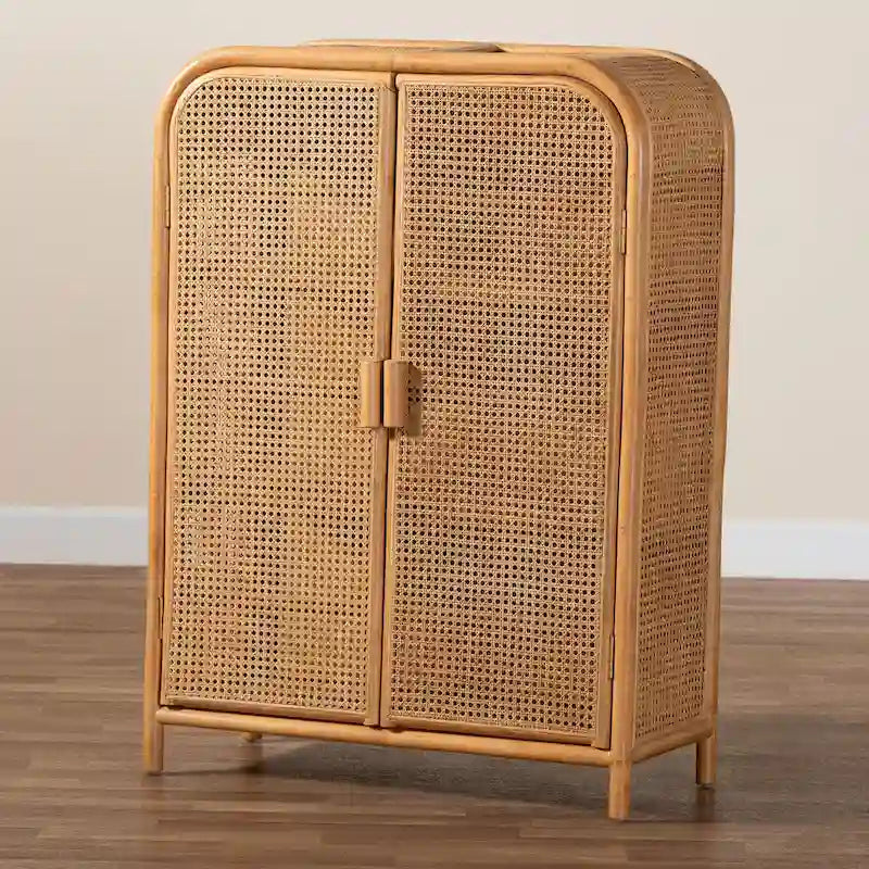Meuble de rangement 2 portes en rotin miel clair bohème moderne