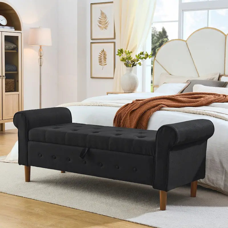 Banc de rangement capitonné à 62 boutons, en lin, pour chambre à coucher