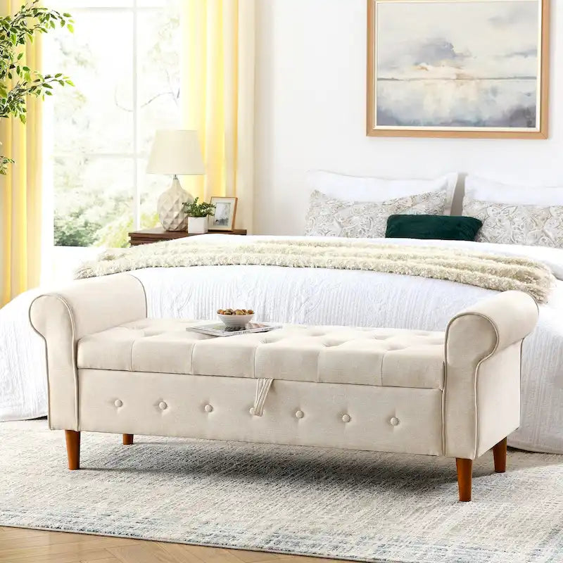 Banc de rangement capitonné à 62 boutons, en lin, pour chambre à coucher