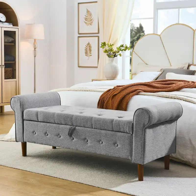 Banc de rangement capitonné à 62 boutons, en lin, pour chambre à coucher