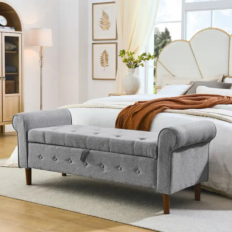 62 Bedroom Tufted Button Storage Bench Linen Upholstered Ottoman