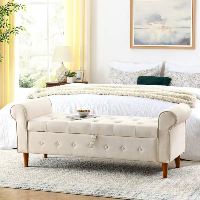 Banc de rangement capitonné à 62 boutons, en lin, pour chambre à coucher
