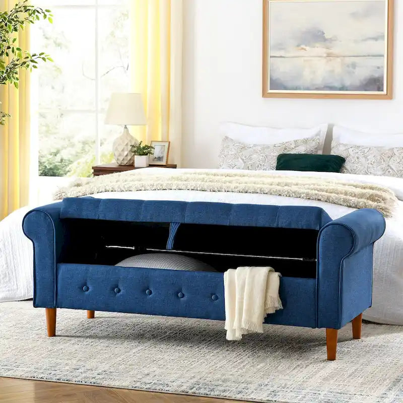 Banc de rangement capitonné à 62 boutons, en lin, pour chambre à coucher