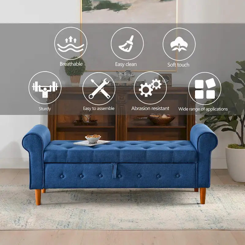 Banc de rangement capitonné à 62 boutons, en lin, pour chambre à coucher