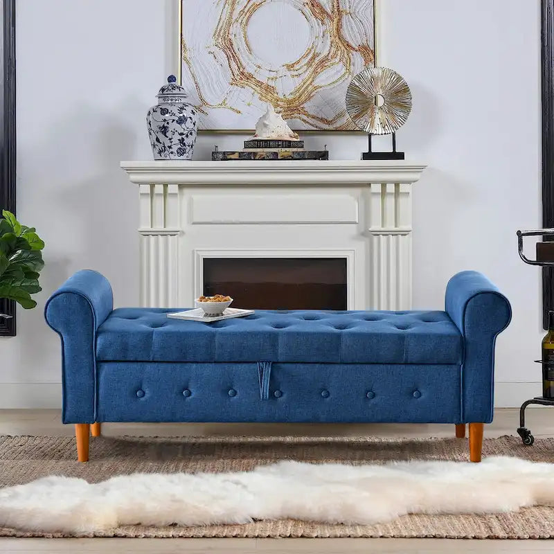 Banc de rangement capitonné à 62 boutons, en lin, pour chambre à coucher