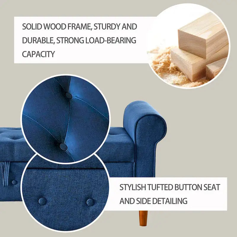 Banc de rangement capitonné à 62 boutons, en lin, pour chambre à coucher