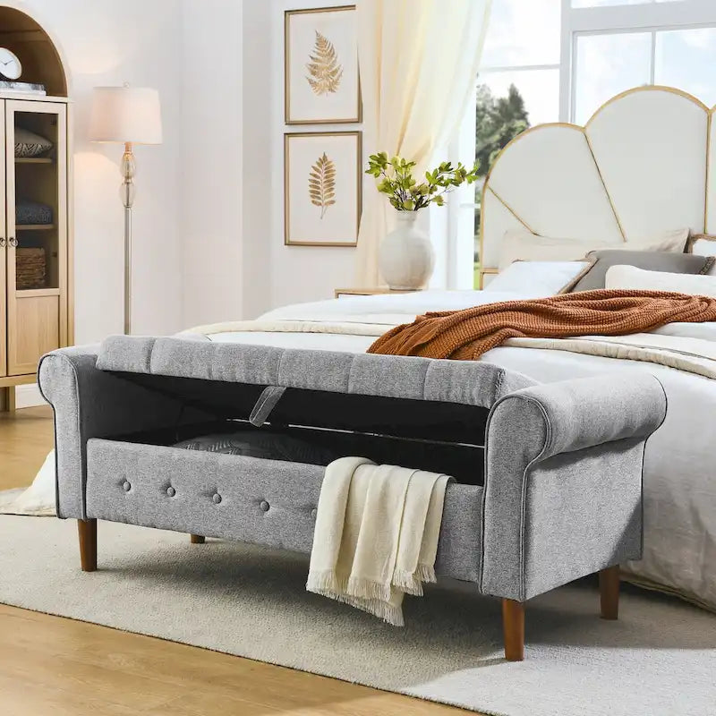 Banc de rangement capitonné à 62 boutons, en lin, pour chambre à coucher