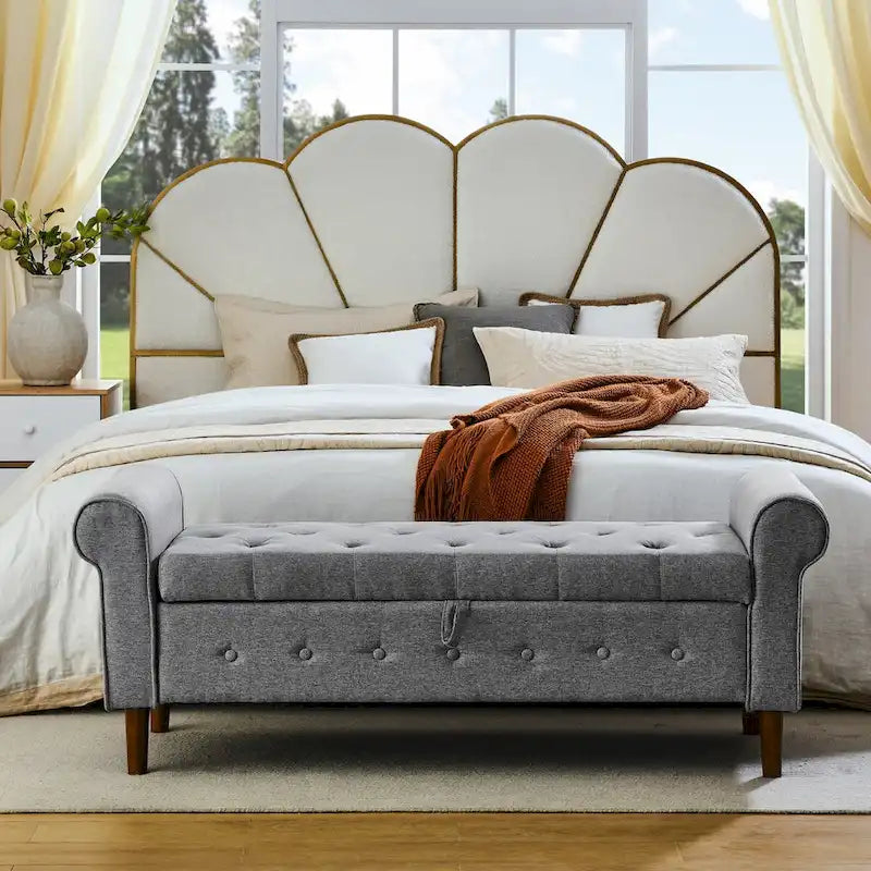 Banc de rangement capitonné à 62 boutons, en lin, pour chambre à coucher