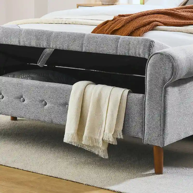 Banc de rangement capitonné à 62 boutons, en lin, pour chambre à coucher