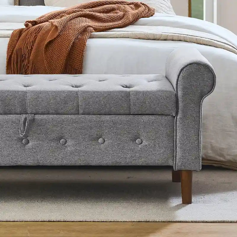 Banc de rangement capitonné à 62 boutons, en lin, pour chambre à coucher