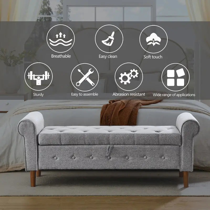 Banc de rangement capitonné à 62 boutons, en lin, pour chambre à coucher