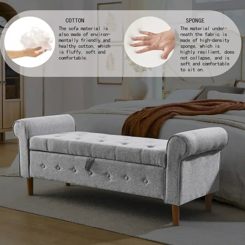 Banc de rangement capitonné à 62 boutons, en lin, pour chambre à coucher