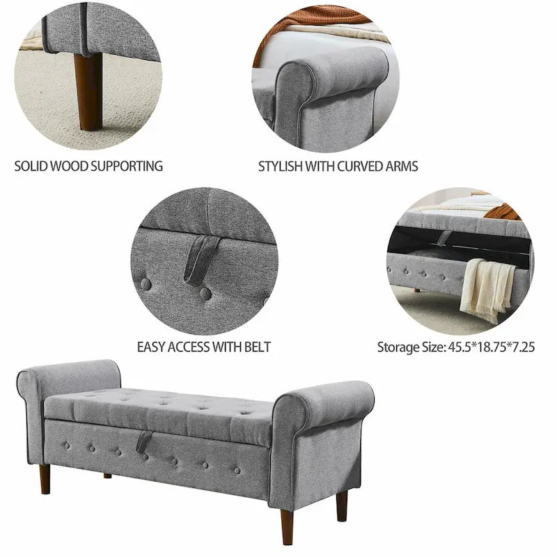 Banc de rangement capitonné à 62 boutons, en lin, pour chambre à coucher