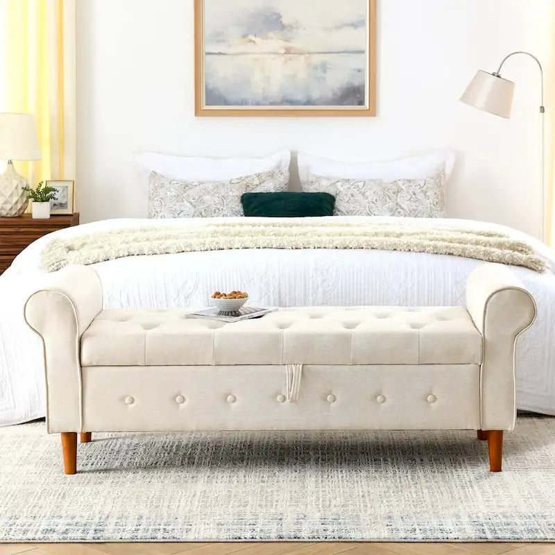 Banc de rangement capitonné à 62 boutons, en lin, pour chambre à coucher