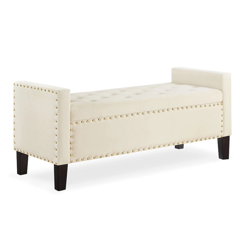 Banc de rangement capitonné avec garniture cloutée et accoudoirs