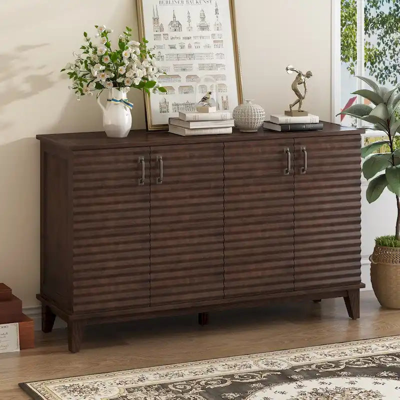 Bahut avec 4 portes, grand buffet de rangement avec étagères réglables et poignées en métal pour cuisine, salon, salle à manger