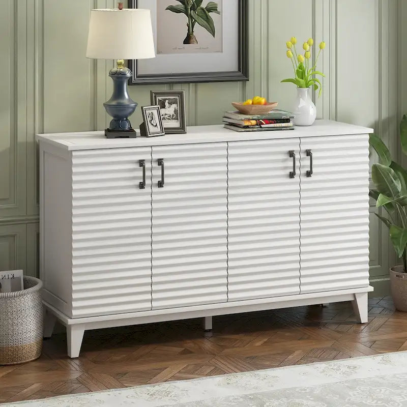 Bahut avec 4 portes, grand buffet de rangement avec étagères réglables et poignées en métal pour cuisine, salon, salle à manger