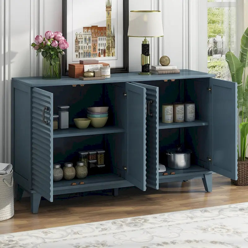 Bahut avec 4 portes, grand buffet de rangement avec étagères réglables et poignées en métal pour cuisine, salon, salle à manger