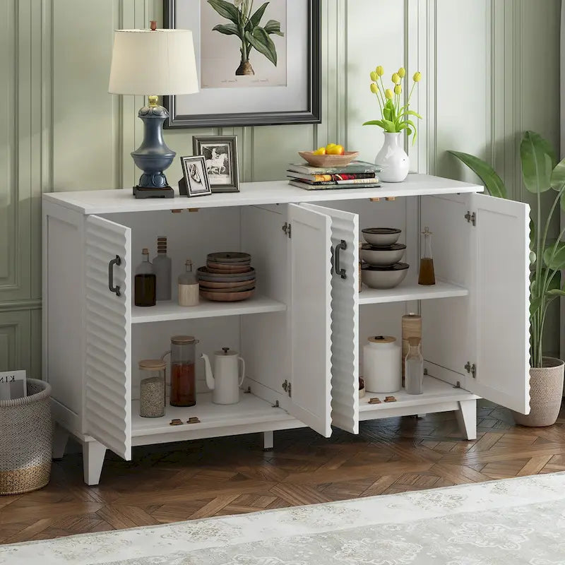 Bahut avec 4 portes, grand buffet de rangement avec étagères réglables et poignées en métal pour cuisine, salon, salle à manger