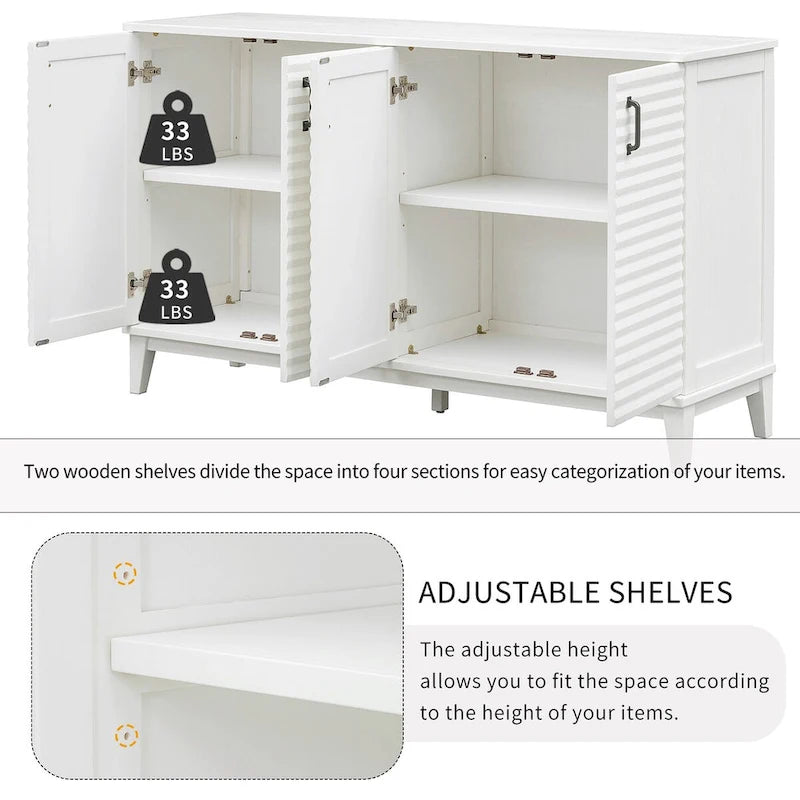 Bahut avec 4 portes, grand buffet de rangement avec étagères réglables et poignées en métal pour cuisine, salon, salle à manger