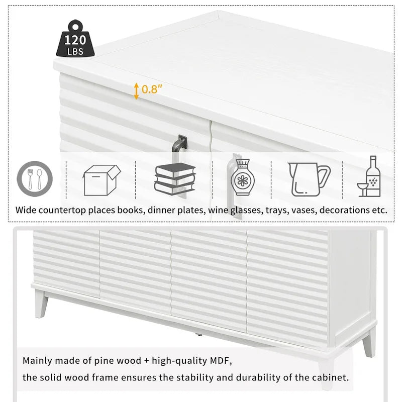 Bahut avec 4 portes, grand buffet de rangement avec étagères réglables et poignées en métal pour cuisine, salon, salle à manger