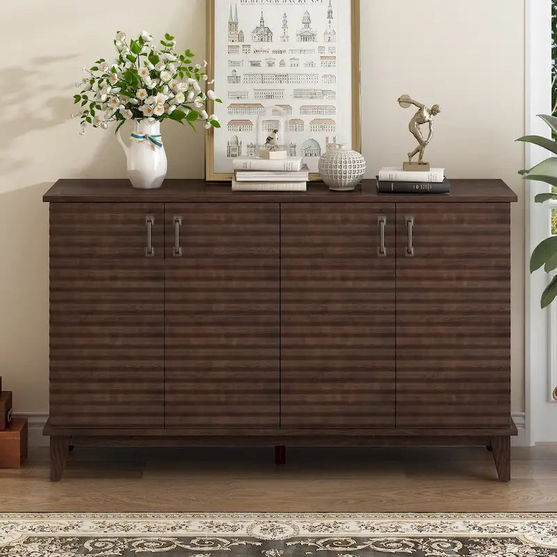 Bahut avec 4 portes, grand buffet de rangement avec étagères réglables et poignées en métal pour cuisine, salon, salle à manger