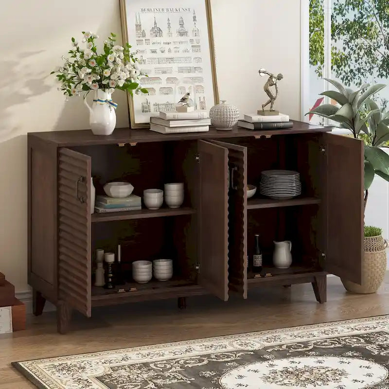 Bahut avec 4 portes, grand buffet de rangement avec étagères réglables et poignées en métal pour cuisine, salon, salle à manger
